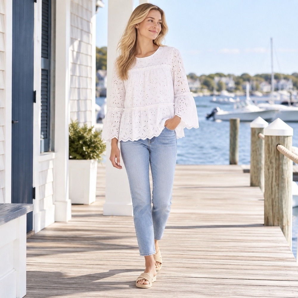 Vineyard Vines Women's SMALL Eyelet Tiered Top Blouse White Peplum Bell Sleeve